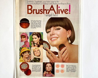 1965 Brush-Alive Blush Ad, Angel Face Makeup, Vintage Makeup Compact, 60s Life Magazine Advertising, Bedroom Art