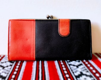 1960s Renwick Wallet, Kisslock Coin Purse, Nappa Leather Bifold, Made in Canada, Red and Black Checkbook Wallet