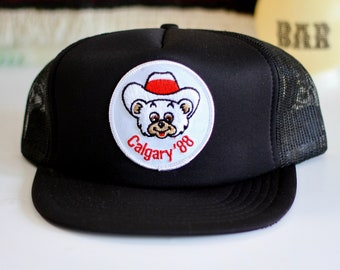 1988 Calgary Olympics Cap, Black Snapback Trucker Hat, Men's Women's Cap, Howdy Polar Bear Mascot, Rare Collectible