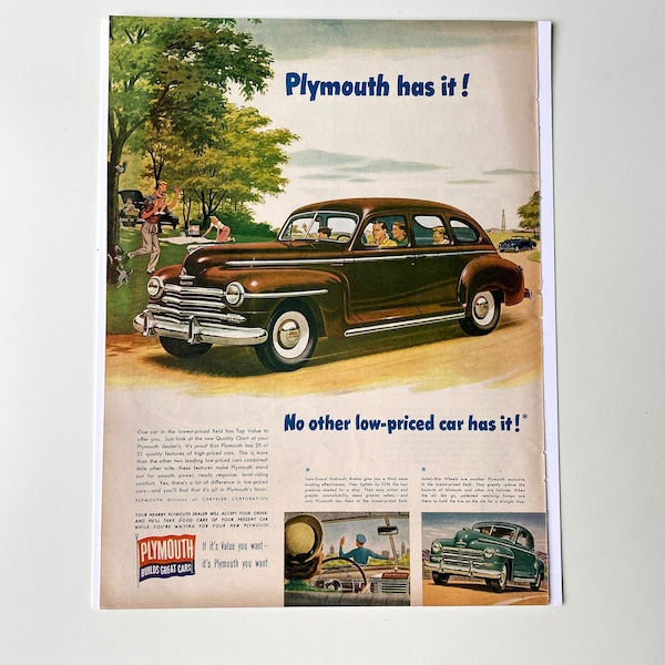 1947 Plymouth Advertisement, Vintage Car Ad, Father's Day Gift, Life Magazine, Wartime Advertising, Atomic Wall Art, 1940s Chrysler Ad