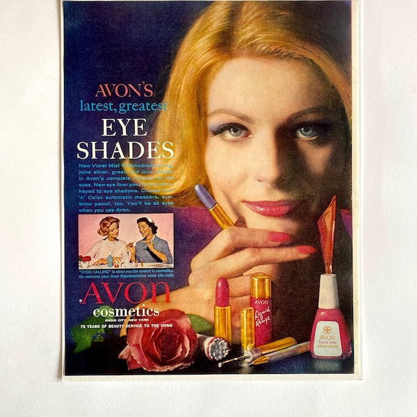 1961 Avon Cosmetics Ad, Avon Eye Shades, Maquillage des années 1960, Ladies Home Journal, Made in USA, Cadeau pour maman, chambre ou salle de bain Art