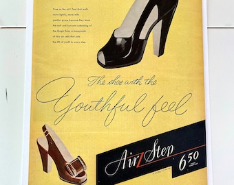 1940's Air Step Shoes Ad, Gelbe Mode Wandkunst, Vintage Schuhkunst, 1940er Fashion Ad, WWII Werbung, Life Magazine, Geschenk für Freund