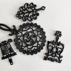 Vintage Cast Iron Trivets, Set of 4, Black Kitchen Decor, Cottage Core, Rustic Cast Iron, Kitchenwares