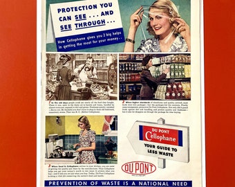 1942 Cellophan Ad, Du Pont Cellophan, Wartime Kitchen, Americana Werbung, Life Magazine, Housewarming, Vintage Wandkunst