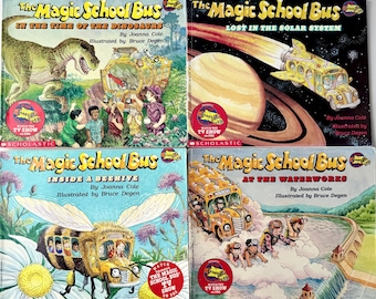 May include: Four The Magic School Bus children's books by Joanna Cole and illustrated by Bruce Degen. Titles include In the Time of the Dinosaurs, Lost in the Solar System, Inside a Beehive, and At the Waterworks, all published by Scholastic.
