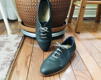 90s Brandeau Oxfords Grey Genuine Leather Tie Shoes Women's US Size 7