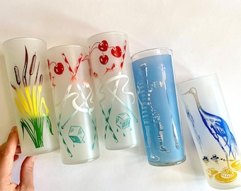 Mid Century Highball Drinking Glasses, Set of 5, Summer Cocktail Party Drinkware, Hosting Gift, 1960s Kitchenwares