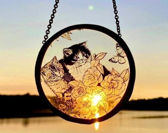 90s Cat Sun Catcher, Cat Glass Sun Catcher, Cat Window Decor