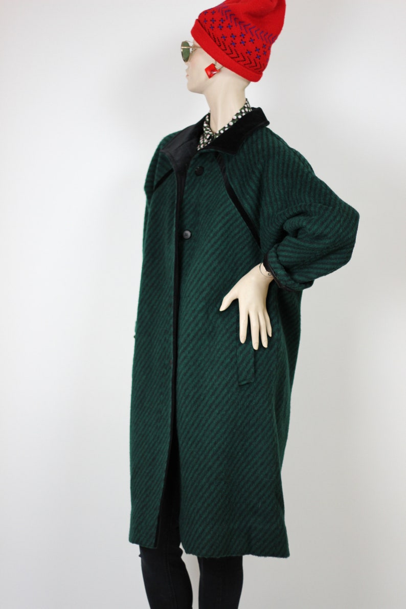 Women/'s Long Coat Made in Canada Striped Green and Black Coat Women/'s US Size 12 Large Vintage Wool and Mohair Trench Coat