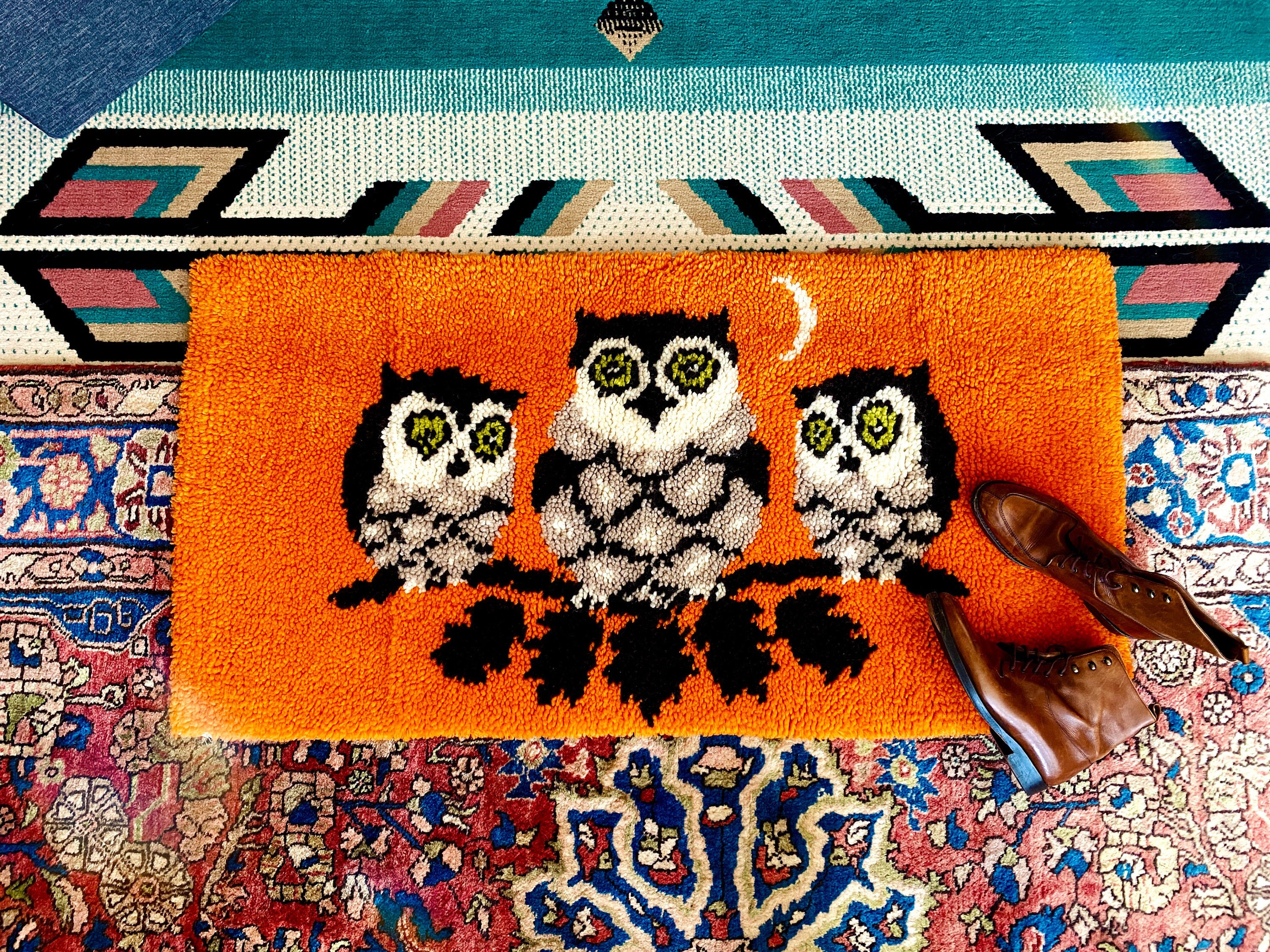 1970s Owl Rug, Shillcraft Latch Hook Rug, Retro Owl Tapestry, Boho Decor, Orange Rug, Made in Canada