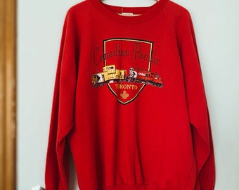 Jaren '90 Canadian Pacific Pullover Sweater, Treintrui, Rode Crewneck Pullover, Made in Canada, Unisex Maat XXL