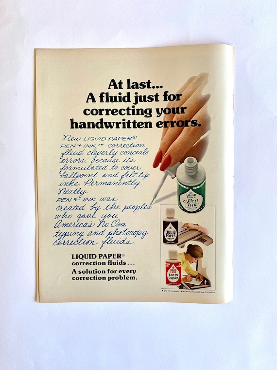 1980 Liquid Paper Ad, White-out, Home Office Decor, Life Magazine