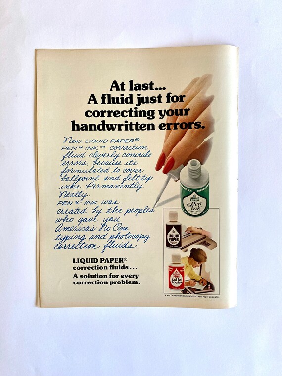 1980 Liquid Paper Ad, White-out, Home Office Decor, Life Magazine