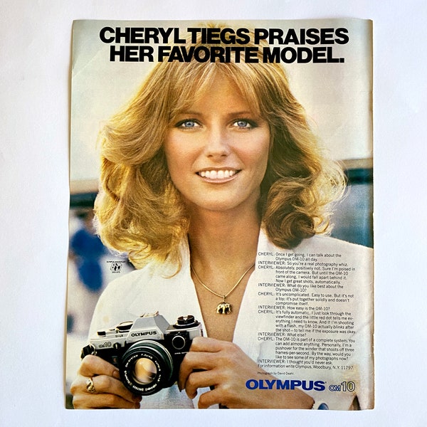 1980 Olympus Camera Ad, Cheryl Tiegs, appareil photo analogique des années 80, appareil photo vintage, Life Magazine