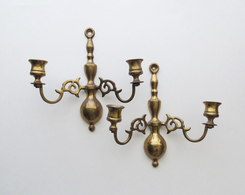 1960s Brass Wall Sconces Ornate Candlesticks Set Of Two Olde English Castle Mid Century Decor Made In England
