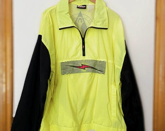 90s Lightning Bolt Windbreaker, Neon Highlighter Yellow Streetwear, Unisex or Men's Large