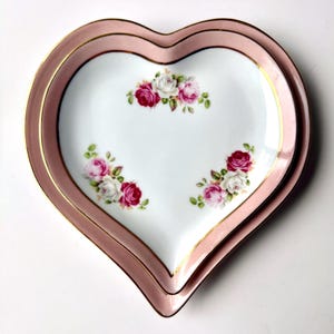 Vintage Heart Porcelain Plates, Set of Two, Decorative Rose Plates, Jewelry Storage
