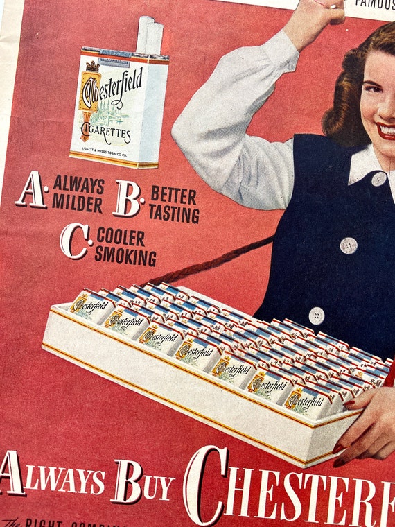 1946 Chesterfield Cigarettes Ad, Retro Tobacco Print, Woman Advertising