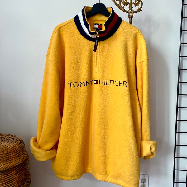 Tommy Hilfiger Sweater, Y2K Fashion, Yellow Fleece, Oversized Pullover, Unisex US Size XL