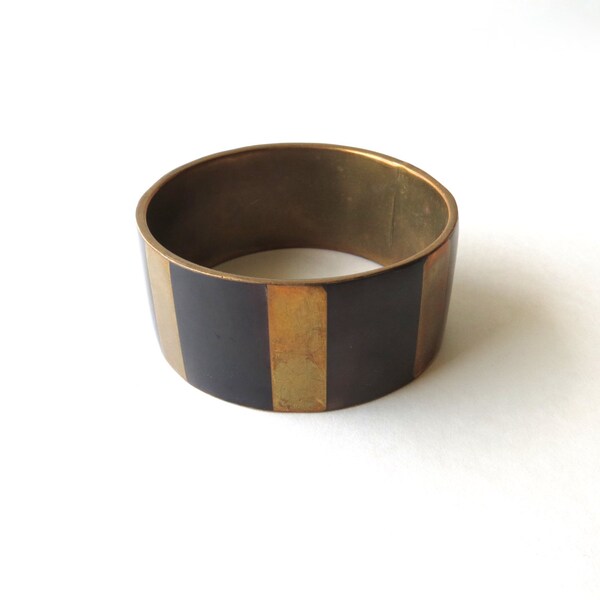 70's Color Block Bracelet Bangle Black and Brass Stripes Statement Mod Jewelry