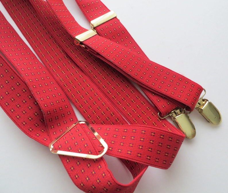 Unisex Adult Size Red Elastic with Gold Trouser Braces Dapper Wedding Same Sex Wedding Accessories 80s Clip Suspenders