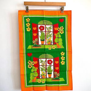 Vintage Floral Tea Towel, Cotton Kitchen Towel, Country Kitchen Window, Potted Plants Towel