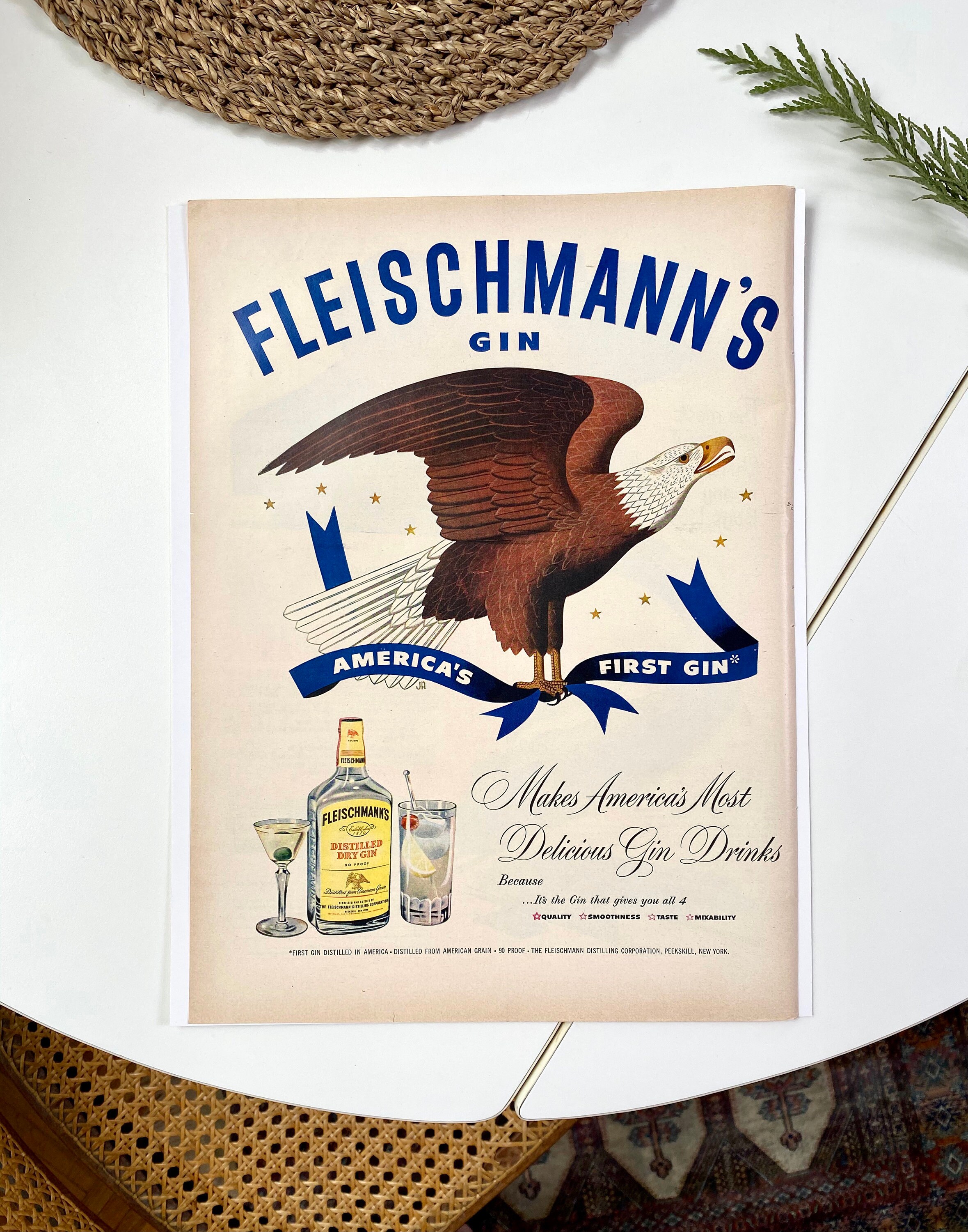 1950 FLEISCHMANN'S Gin Bald Eagle Vintage-Look DECORATIVE REPLICA METAL SIGN
