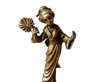 Vintage Brass Geisha Figurine with Granite Base, Mid Century Japan, Traditional Japanese Decor