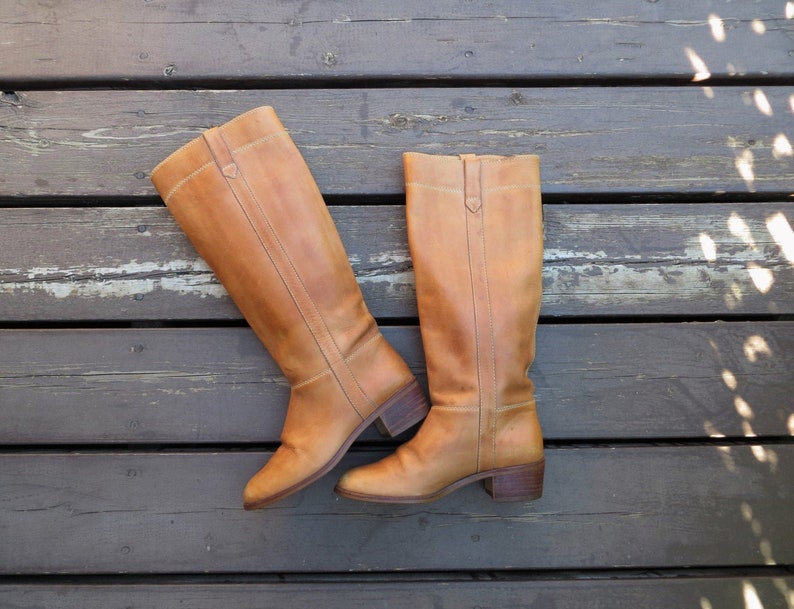 70s Tan Leather Riding Boots Southwestern Country Boots Chunky S 70s Tan Leather Riding Boots Southwestern Country Boots Chunky S
