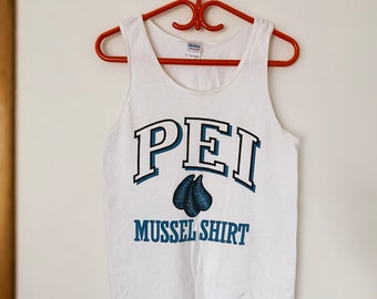 Vintage PEI Mussel Shirt, Funny Novelty Shirt, White Cotton Beach Tank, Unisex Gender Neutral Size Small