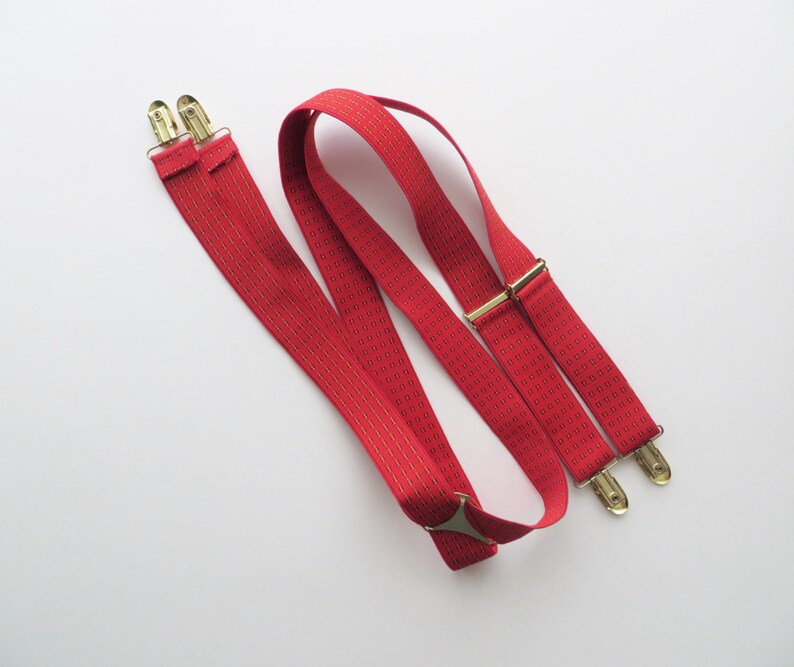 Unisex Adult Size Red Elastic with Gold Trouser Braces Dapper Wedding Same Sex Wedding Accessories 80s Clip Suspenders