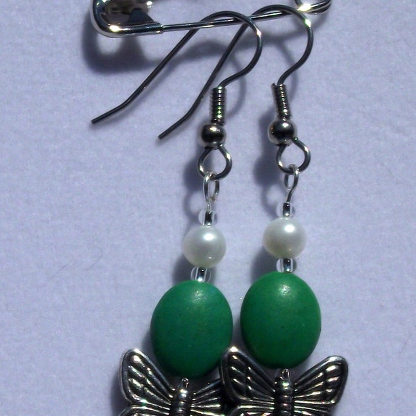 Chalk Turquoise and Pearl Dangle Butterfly Earrings