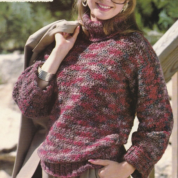 Vintage Crochet Pattern Cozy TURTLENECK SWEATER  Size 12 to 18, Instant Download