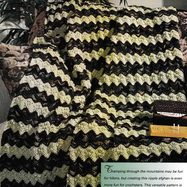 MOUNTAIN TRAILS, Awesome Ripple Design Vintage Crochet Pattern,  Worsted Weight Yarn Instant Download