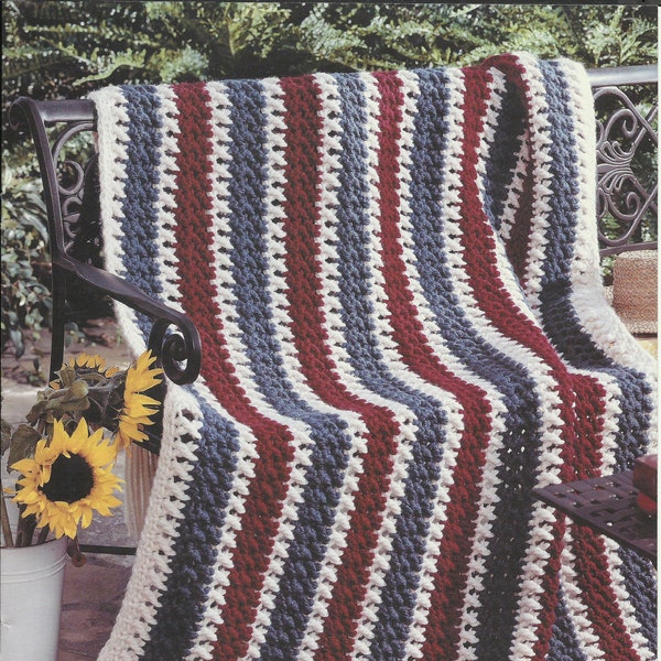 American Stripes Rated Easy Crochet Vintage Afghan 46 1/2" x 64" Home Decor Crochet Blanket Super Bulky Weight Yarn PDF Instant Download