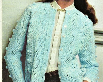 Vintage Knitting Pattern Ladies Aran Design Cardigan, 1980's Pattern, Instant Download