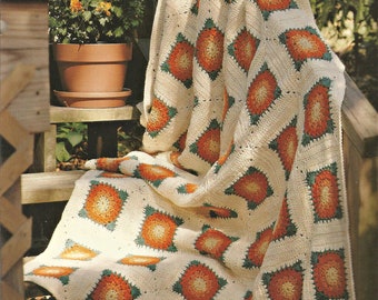 Vintage Crochet Afghan Sunny Marigolds Pattern, Crochet Blanket, 46 x 68 PDF Download, Digital Instant Download