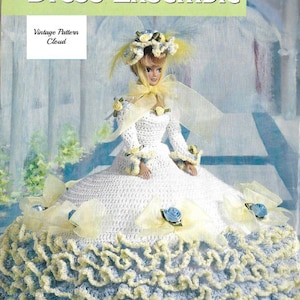 Poupée mannequin vintage au crochet, robe spéciale et volants de bonnet et ruban pour Barbie 11 1/2 PDF Téléchargement instantané