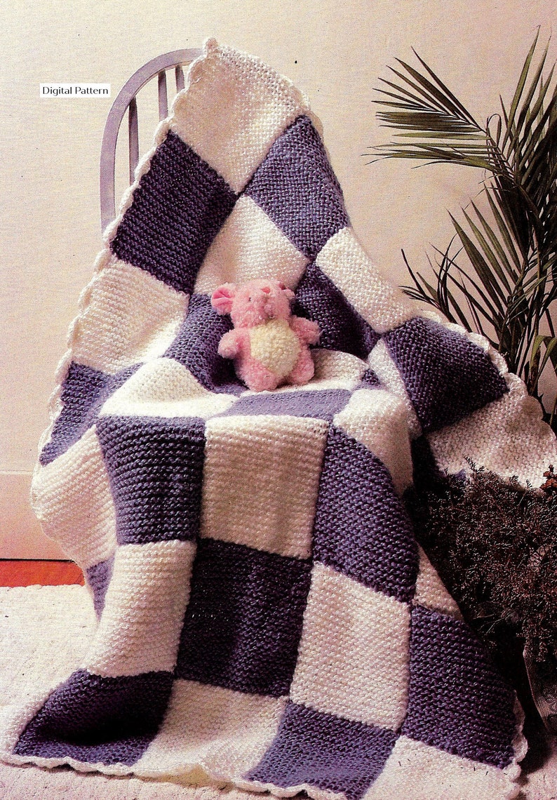 Vintage Knitted Baby Blanket Pattern Checkerboard Squares Etsy