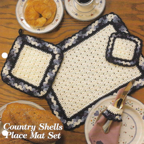 PLACE MATS, Pot Holders, Coasters, and Napkin Rings Vintage Crochet Pattern, Country Shells, PDF Digital Download