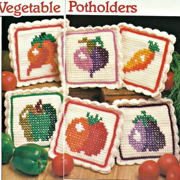 Veggie Potholders Crochet Pattern, Vintage Crochet Design from the 1980's  PDF Instant Download