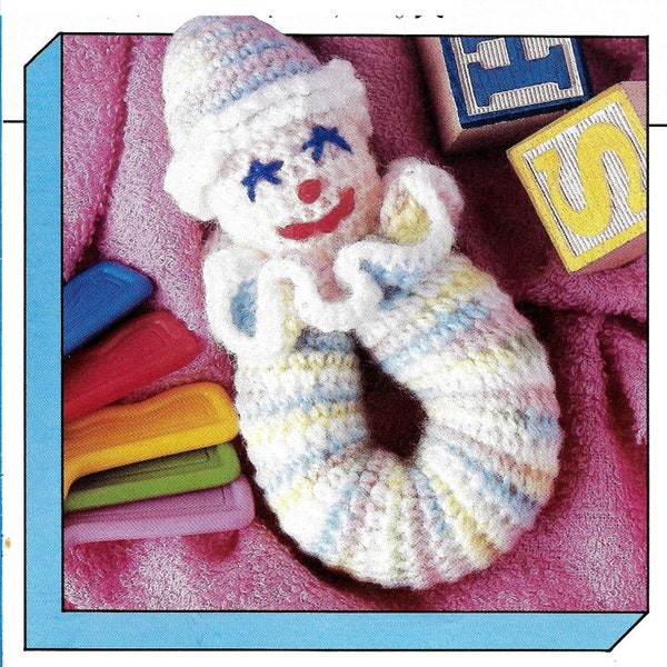 Vintage Crochet Pattern, Crocheted Clown Baby Rattle, Toy from the 1980's Digital  PDF Instant Download
