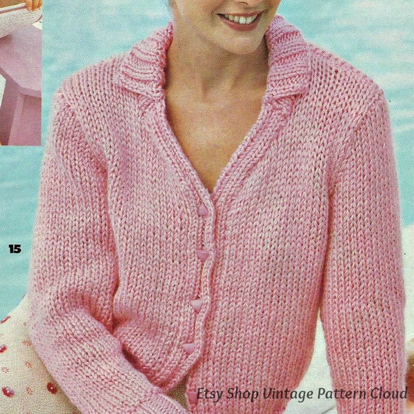 V-Neck Cardigan with Collar Vintage Bulky Knit Design from 1980's Vintage Knitting Design, Trending  PDF Instant Download