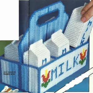 Adorable Milk Crate with 5 Milk Cartons Plastic Canvas Toy Pattern, Vintage Digital Design Worsted Weight Yarn PDF Instant Download