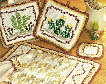 Southwestern Desert Kitchen Crochet Set Digital Crochet Pattern Home Decor, 4 Ply Cotton Yarn PDF Instant Download, Digital Download