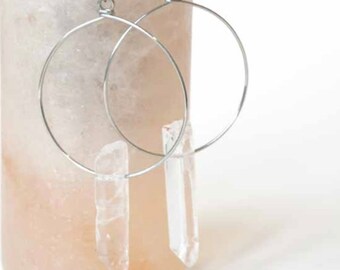 Handmade Gold or Silver Quartz Crystal Hoop Earrings