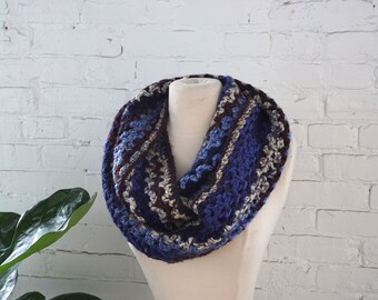 Crochet Infinity Scarf in Blue and Brown - Handmade