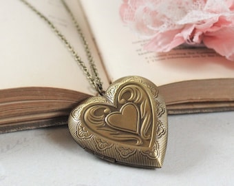 Large Heart Locket Necklace | Vintage Style Photo Locket with Etched Detail
