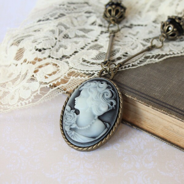 Black Cameo Necklace - Lady Cameo - Romantic Vintage Style Jewelry - Art Nouveau Jewelry - Gothic Victorian Style - Steampunk Jewelry