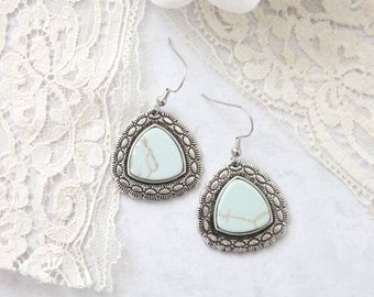Turquoise Triangle Earrings - Southwestern Style Jewelry - Country Western - Cowgirl Rustic Jewelry - Gift for Her - Under 20 Dollars